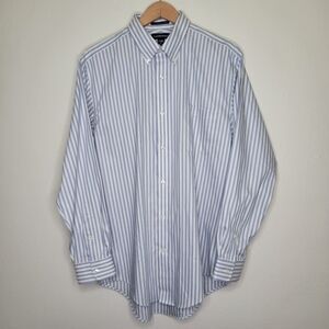Lands' End Men's Blue Striped Shirt No Iron Pinpoint Oxford
